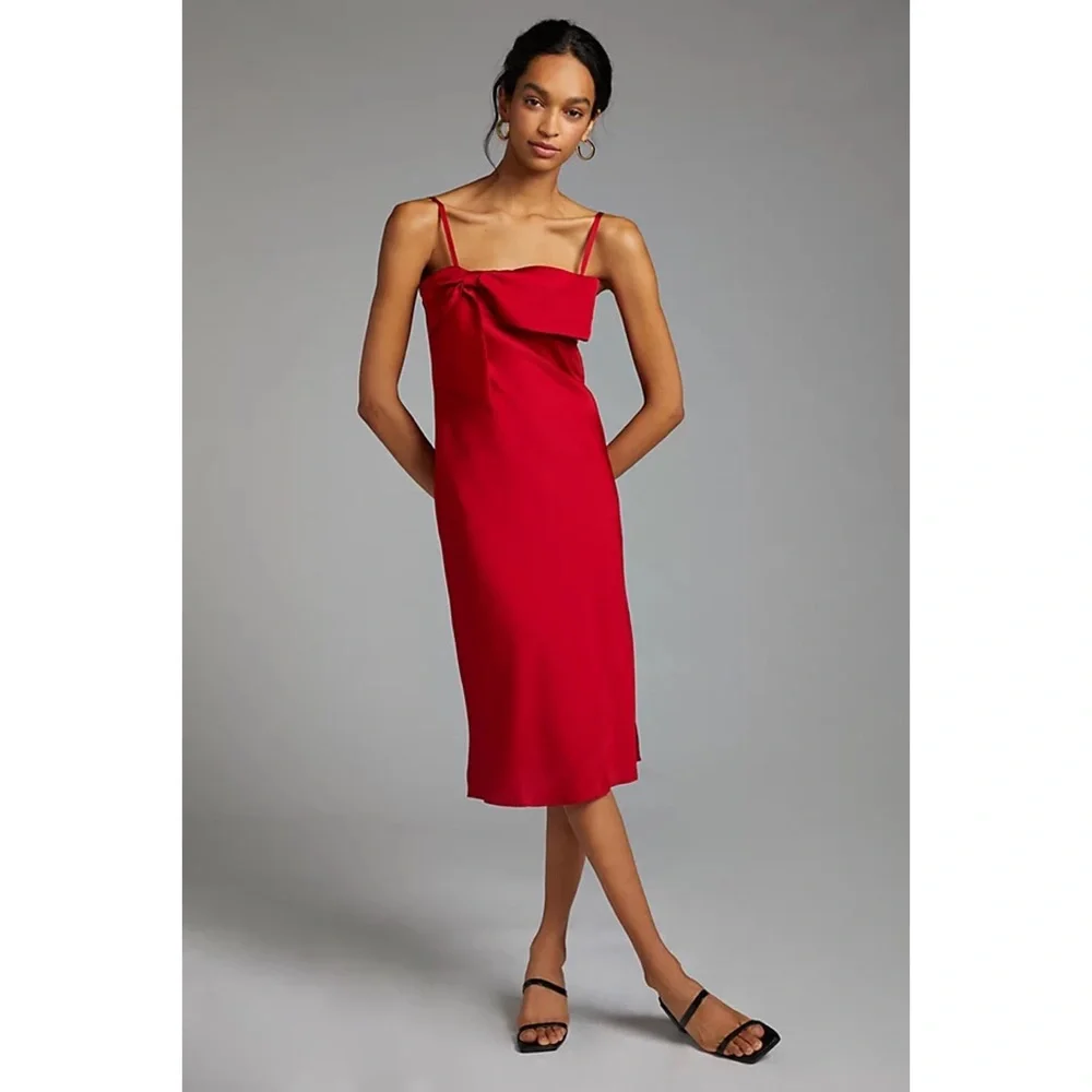 NWT ANTHROPOLOGIE BOW FRONT SLIP MIDI DRESS IN RED - Picture 2 of 10
